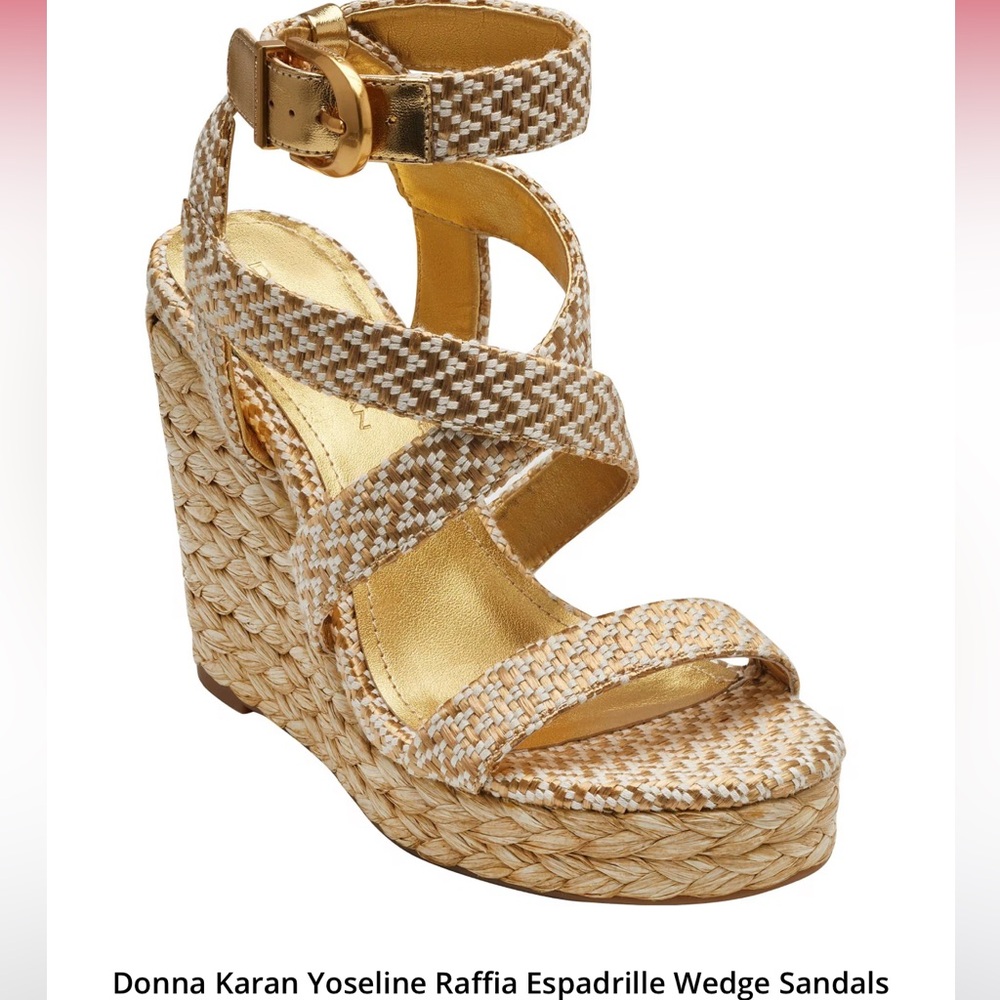 Donna Karan Tan and Gold Woven Wedge Sandals